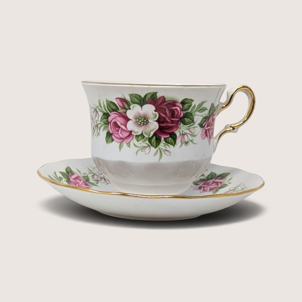 Vintage Queen Anne Bone China Tea Cup And Saucer Floral Gold Trim England